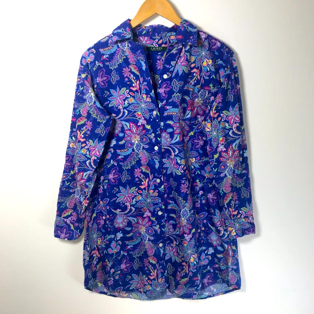 Lauren Ralph Lauren Floral Paisley Long Sleeve Button Up Shirt Dress Sleep shirt